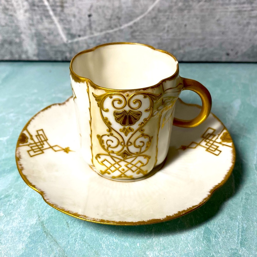 Antique Limoges France gold painted teacup and saucer set stamped Art Deco